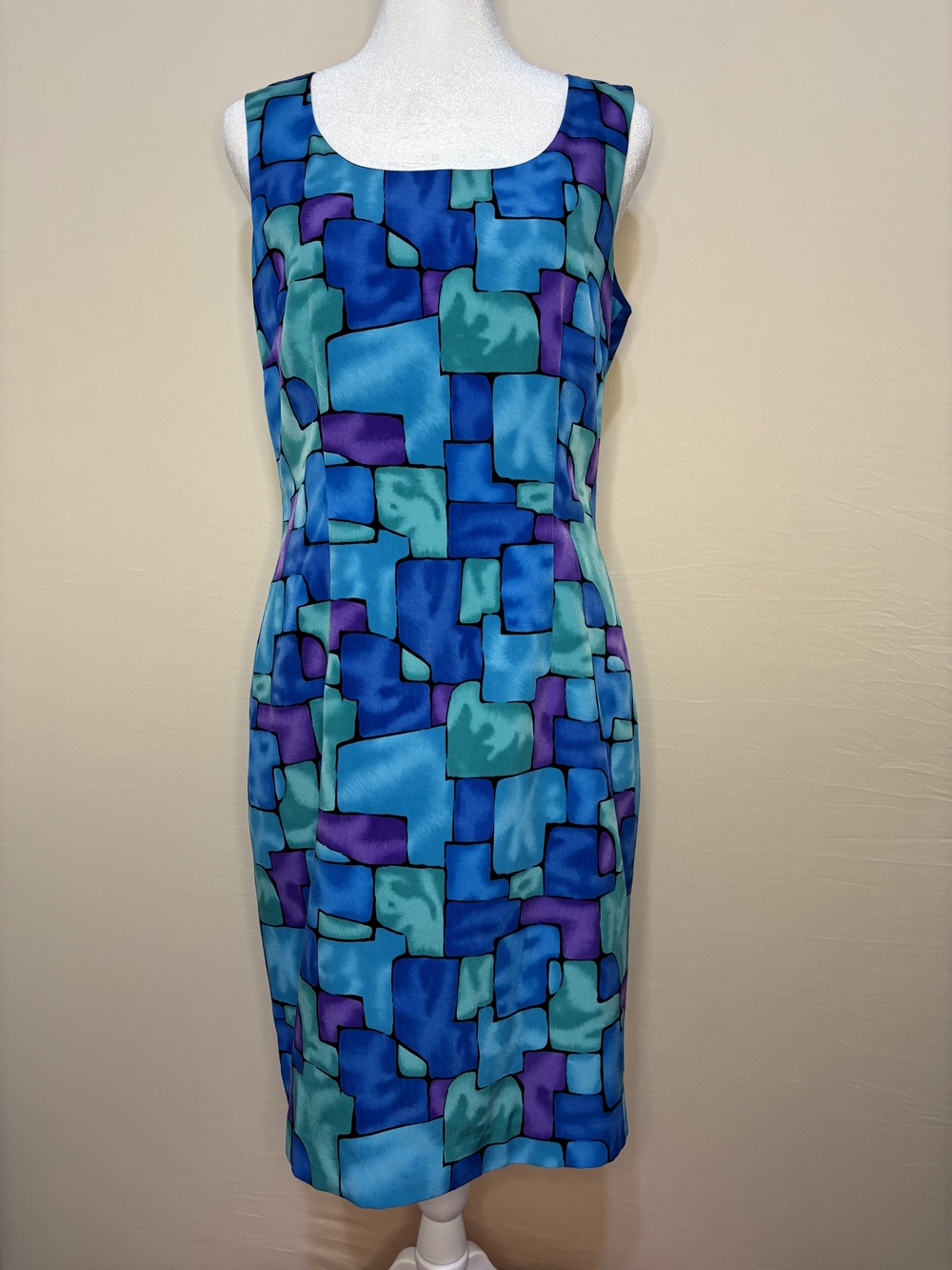 John Roberts Sleeveless Blue Geometric Mosaic Sheath Dress Sz 6